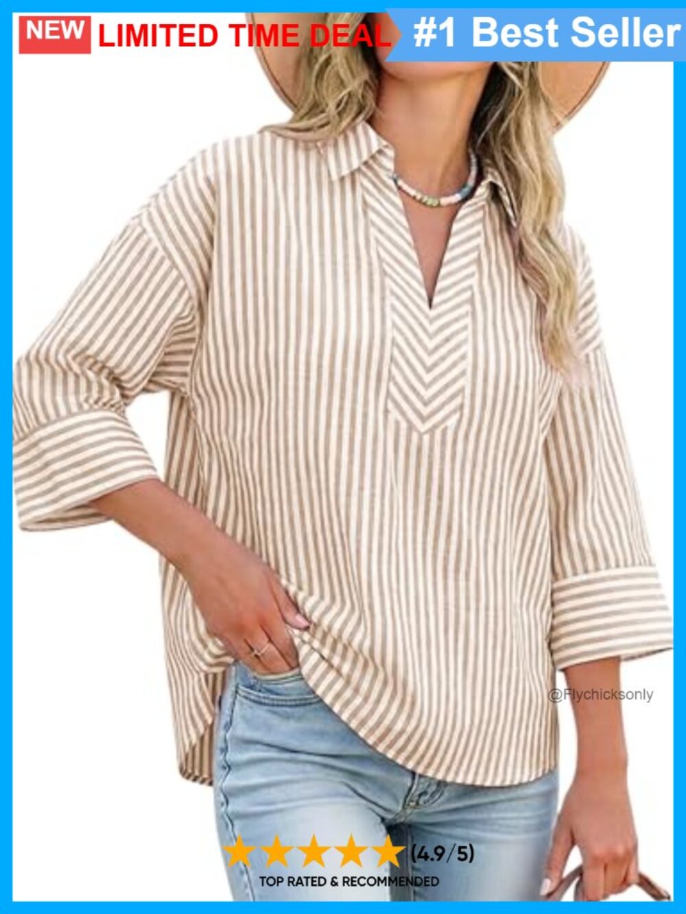 Striped Henley Shirt 3/4 Sleeve Collared Blouse Cotton Blend